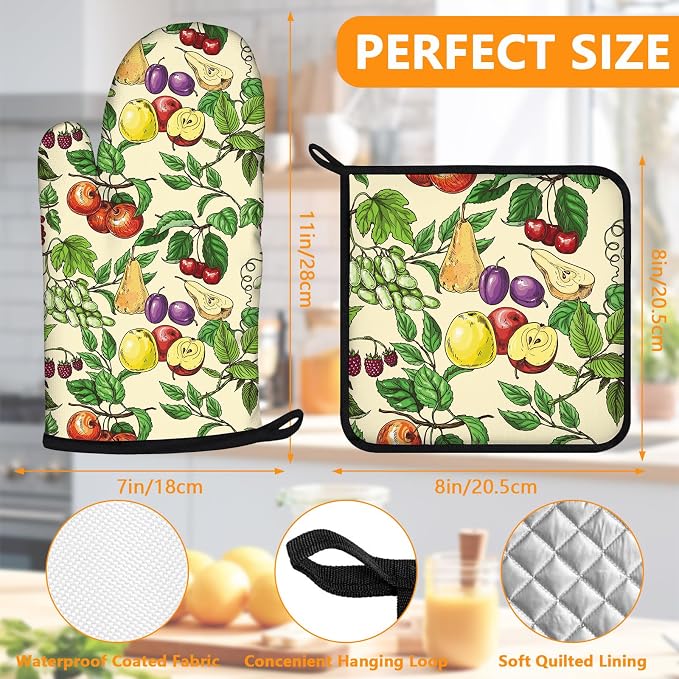 Fruit Oven Mitts and Pot Holders Sets 4Pcs, Extra Long Oven Gloves Potholder - Image 2