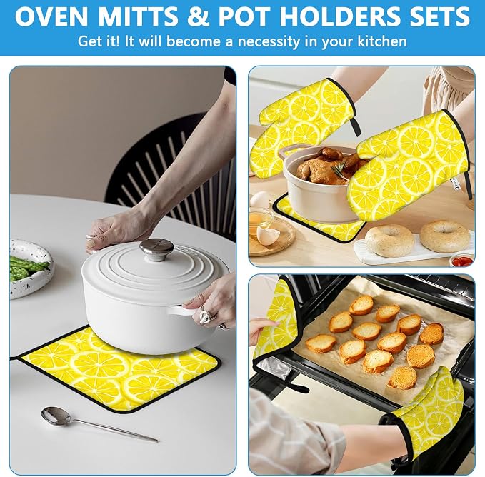 Watercolor Lemon Oven Mitts and Pot Holders Sets Heat Resistant 4Pcs Potholders - Image 6