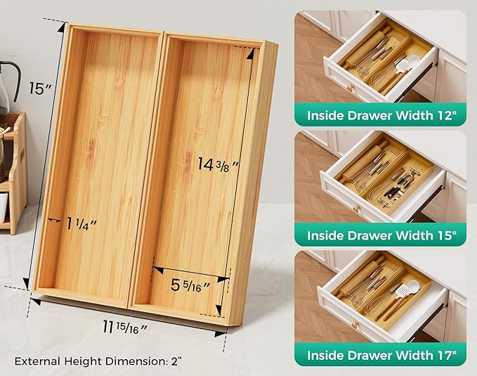 Bamboo Kitchen Drawer Organizer Set of 2, Stackable 15" x 6" Wood Silverware - Image 3