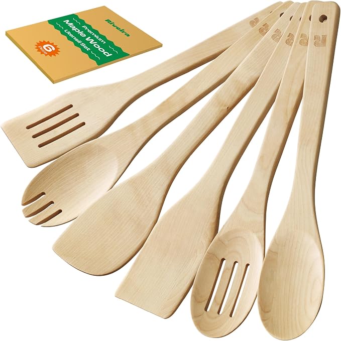 Riveira Maple Wooden Spoons for Cooking Set of 6 – Natural Maple Wooden Cooking by Riveira