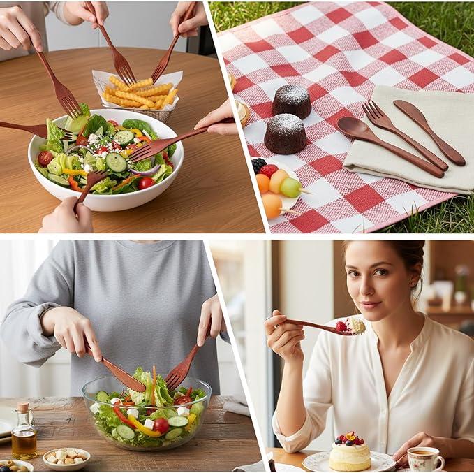 24 Pcs Wooden Utensil Set for Eating Wooden Spoon Fork Knife Wood Cutlery - Image 5
