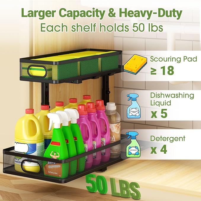 Under Sink Organizer 2-Pack, Metal 2-Tier Pull-Out Cabinet Shelf - Image 4