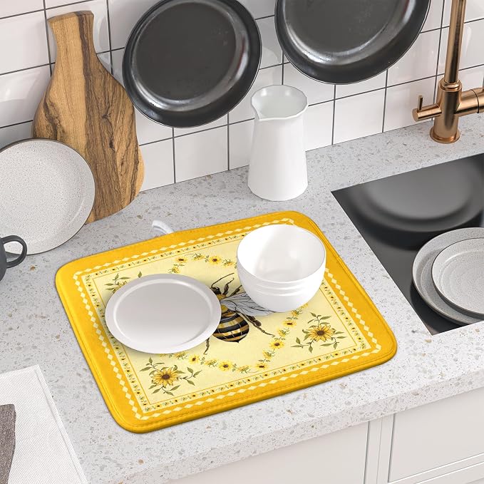 Giwawa Sunflower Bee Dish Drying Mat, Summer Rustic Sunshine Floral Dish - Image 6