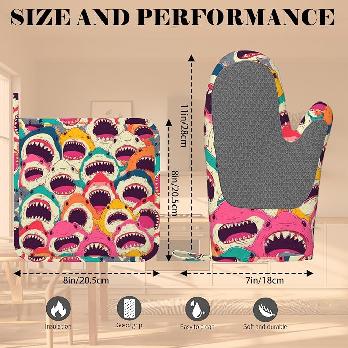 Colorful Shark Oven Mitts and Pot Holders Sets Angry Sharks Non-Slip Silicone - Image 3