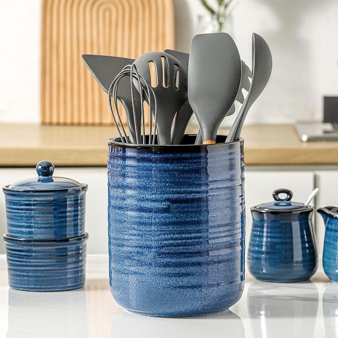 HASENSE Ceramic Kitchen Utensil Holder, 7.4" x 6.2" Large Countertop Utensil - Image 3