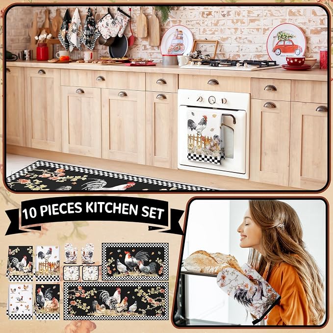 Fourluoo 10 Pcs Rooster Kitchen Dish Towels Rugs Oven Mitts and Pot Holders Set - Image 2