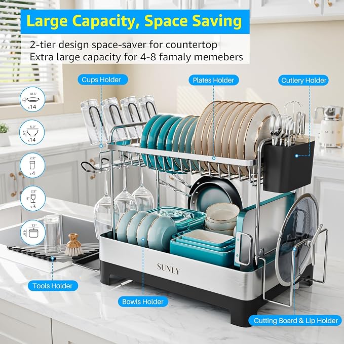 SUNLY 2 Tier Dish Drying Rack, Extra Large Dish Rack, 304 Stainless Steel - Image 3