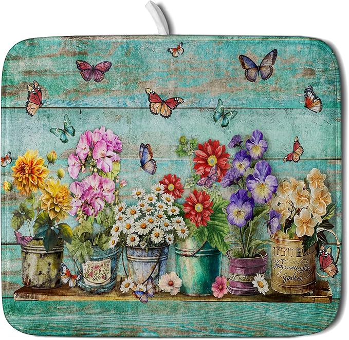 Flower Dish Drying Mat for Kitchen Counter 16x18 Inch Rustic Vintage Microfiber by Giwawa