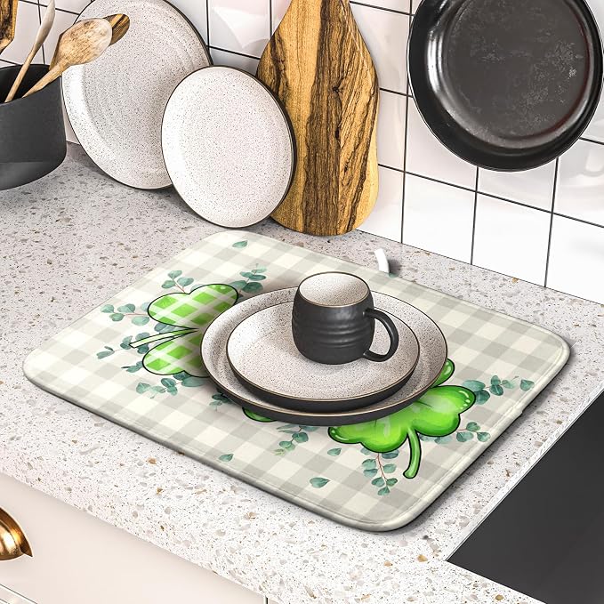 Giwawa Patrick Dish Drying Mat for Kitchen Green Clovers Grey Buffalo Plaids - Image 5