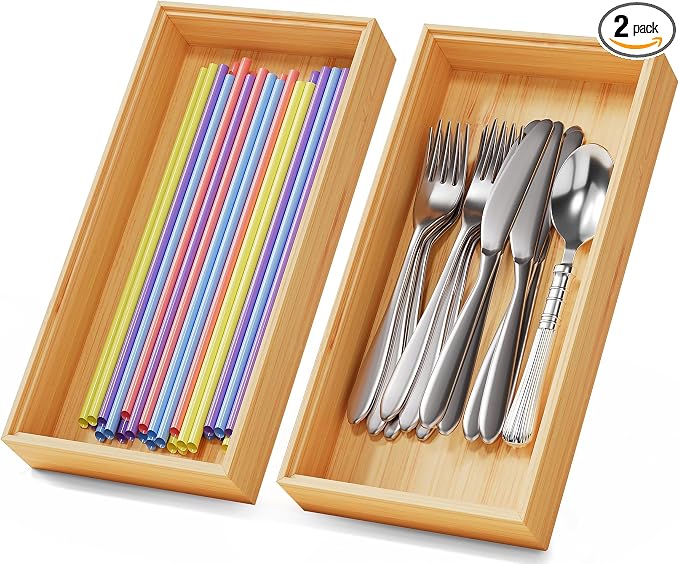 Bamboo Kitchen Drawer Organizer Boxes – 12" x 6" Stackable Wood Silverware by LOCHANTIE
