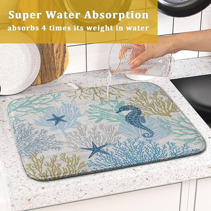 Blue Coral Dish Drying Mat Coastal Starfish Dishes Pad Hanging Drainer Mats - Image 7