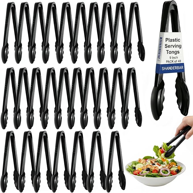 40 Pcs Plastic Tongs for Serving 9 Inch, Kitchen Utensils Set Salad Tongs Bulk by SHANDERBAR+