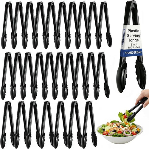 40 Pcs Plastic Tongs for Serving 9 Inch, Kitchen Utensils Set Salad Tongs Bulk by SHANDERBAR+
