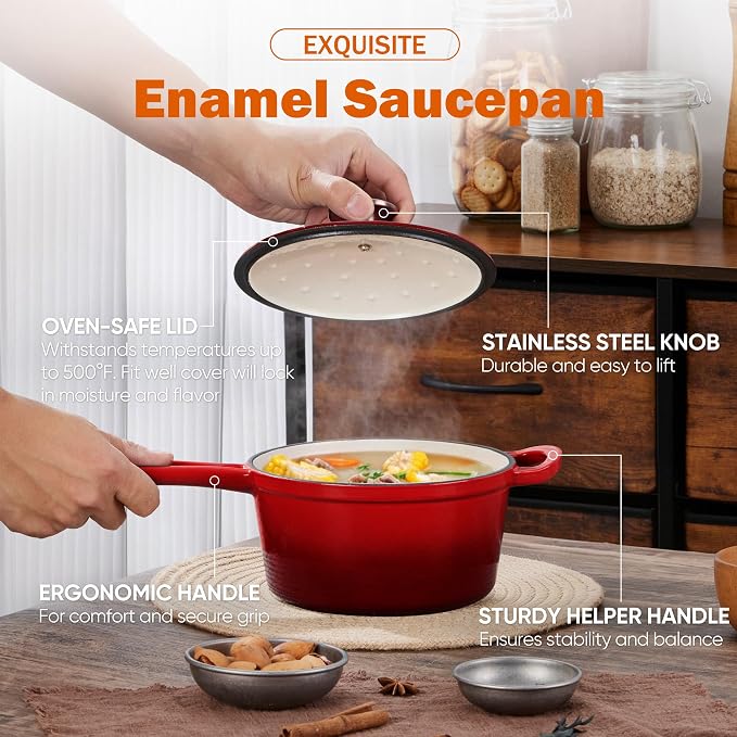 Homikit 1 QT & 2 QT Saucepan Set, Enameled Cast Iron Saucepan - Image 5