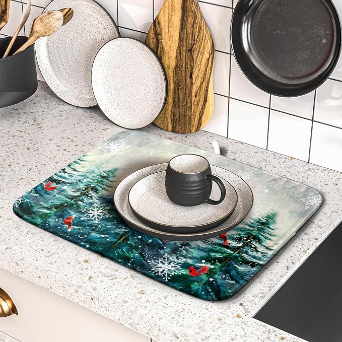 Pine Tree Dish Drying Mat for Kitchen Countertop Red Bird Dishes Mats Winter - Image 5