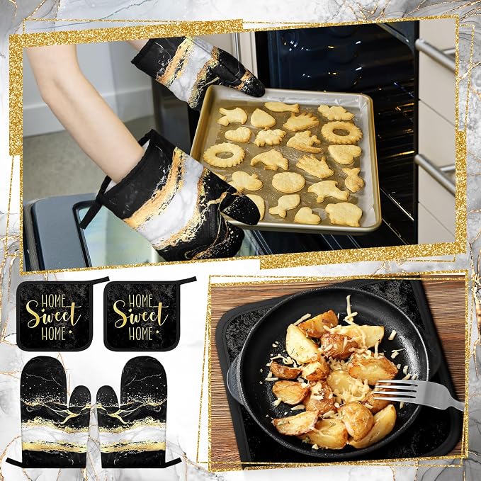 Bencailor 6 Pcs Marble Kitchen Decor Gold Pot Holders Oven Mitts 2 Dish Towels - Image 5