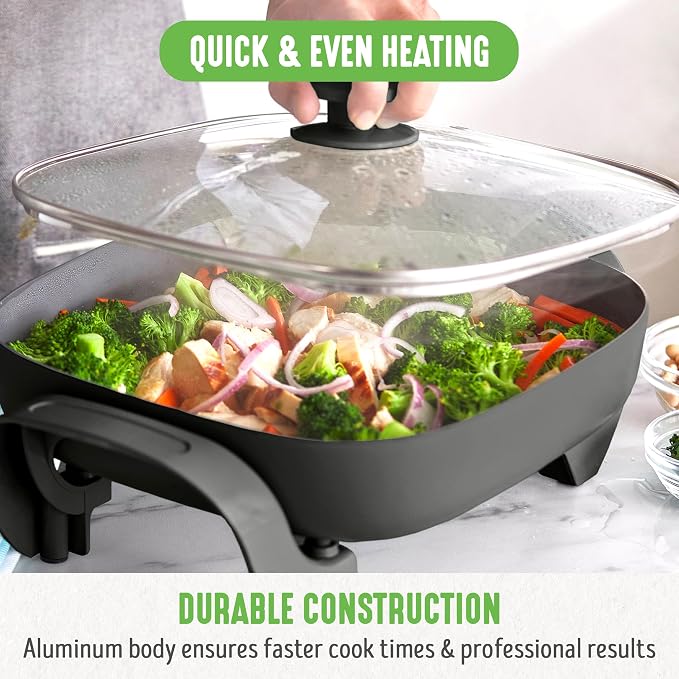 GreenLife 12" 5QT Square Electric Skillet, Glass Vented Lid, Ceramic PFAS-Free - Image 6