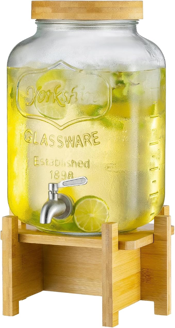 Drink Dispenser with Wood Stand and Lid, 2 Gallon Glass Beverage Dispenser with by PTSTING