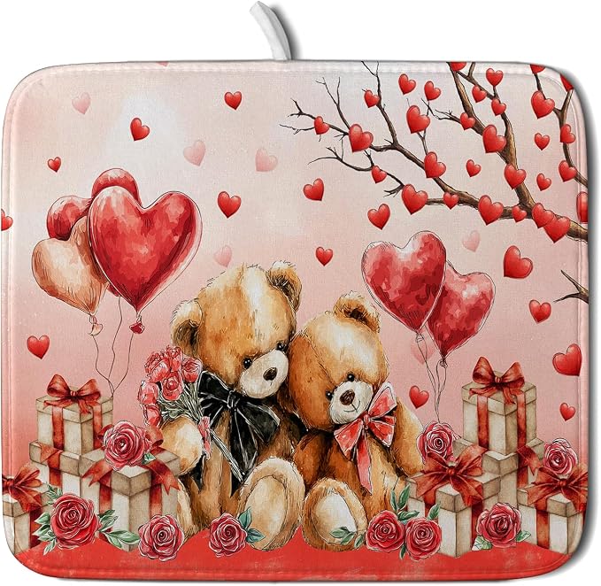 Valentines Day Dish Drying Mat Bear Lover Absorbent Kitchen Drying Mats by Giwawa