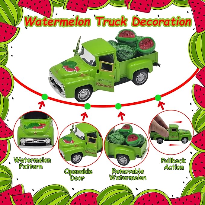 Watermelon Decor Mini Vintage Green Metal Pickup Truck - Image 4