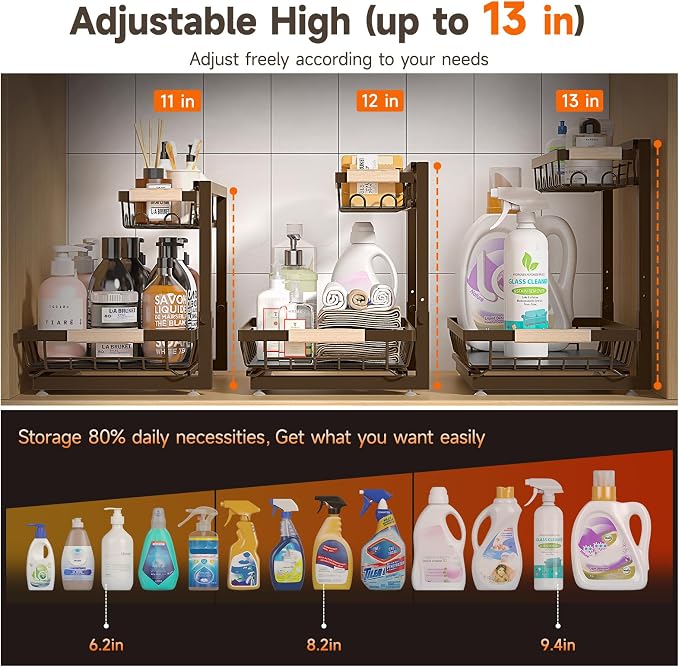 Sevenblue 2 Packs Under Sink Organizer, Height Adjustable 2 Tier Under Kitchen - Image 2