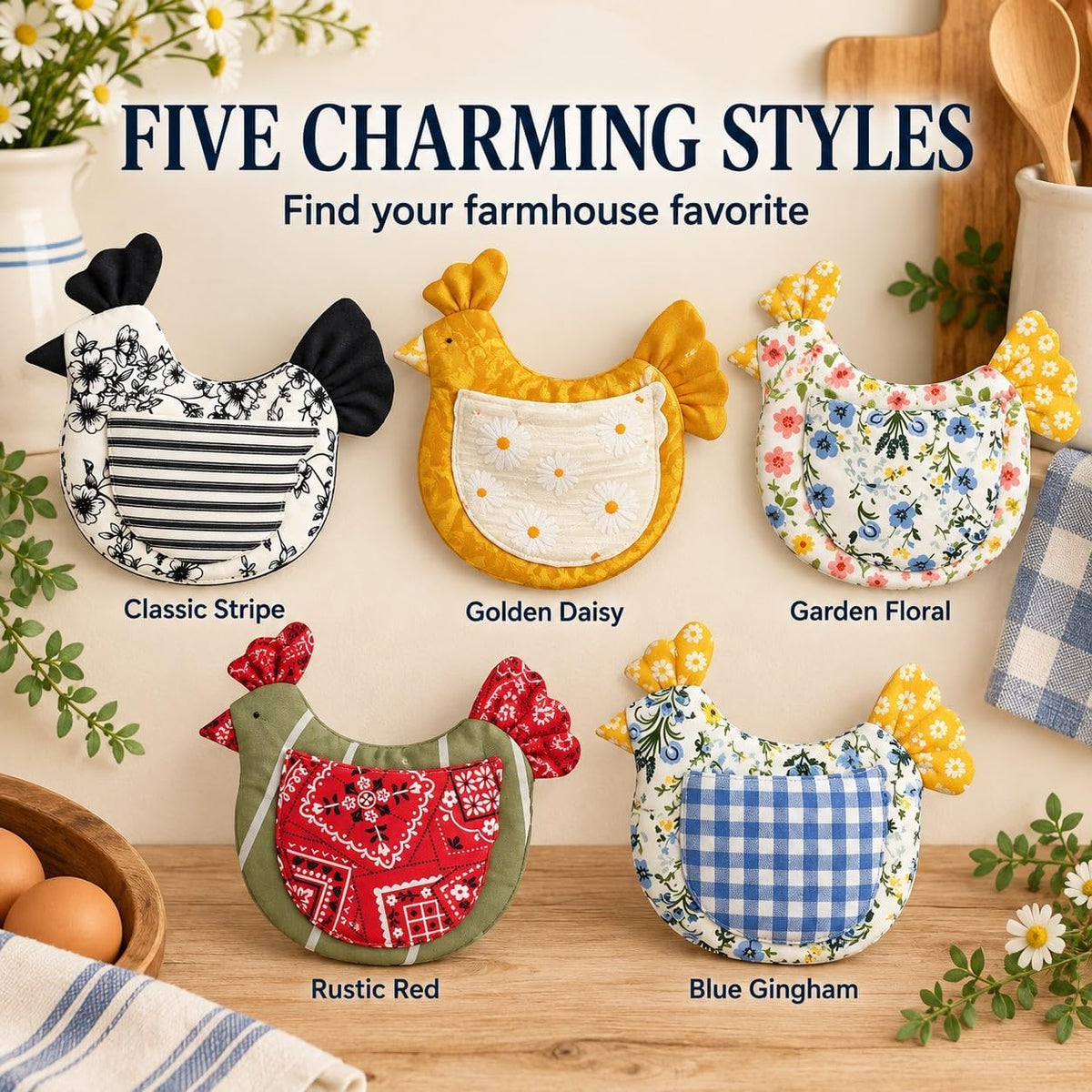 Handmade Hen Shaped Oven Mitt & Pot Holder Set