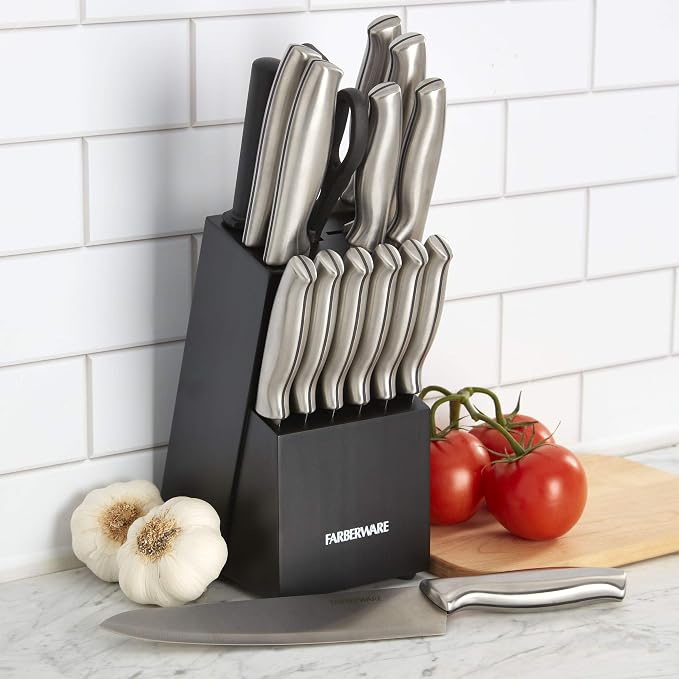 Farberware 15-Piece Stamped Stainless Steel Knife Block Set, High-Carbon - Image 4