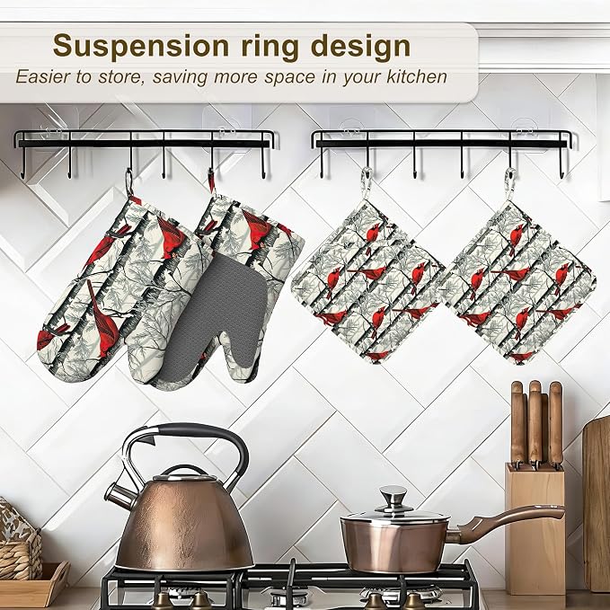 Red Cardinal Birds Oven Mitts and Pot Holders Set of 4, Kitchen Glove Heat - Image 5