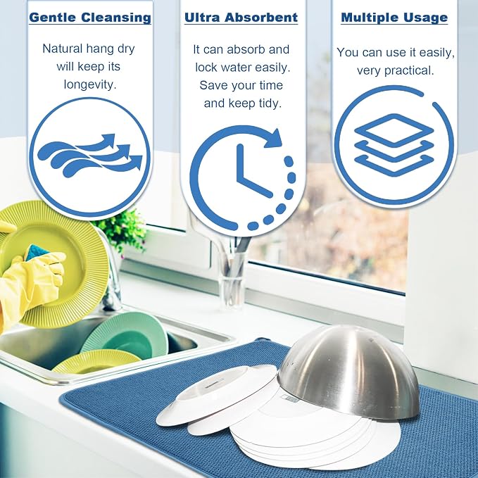 3 Pack XXL Dish Drying Mats, 24×17" Absorbent Microfiber Dishes Drainer Mats - Image 2