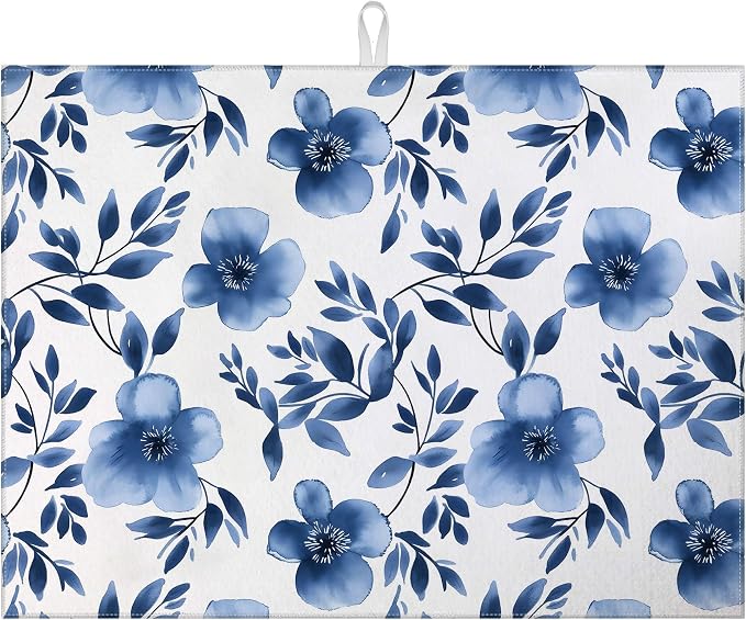 Blue Floral Dish Drying Mat for Kitchen Counter Flower Leaves Drying Pad by MOUNTANLLY