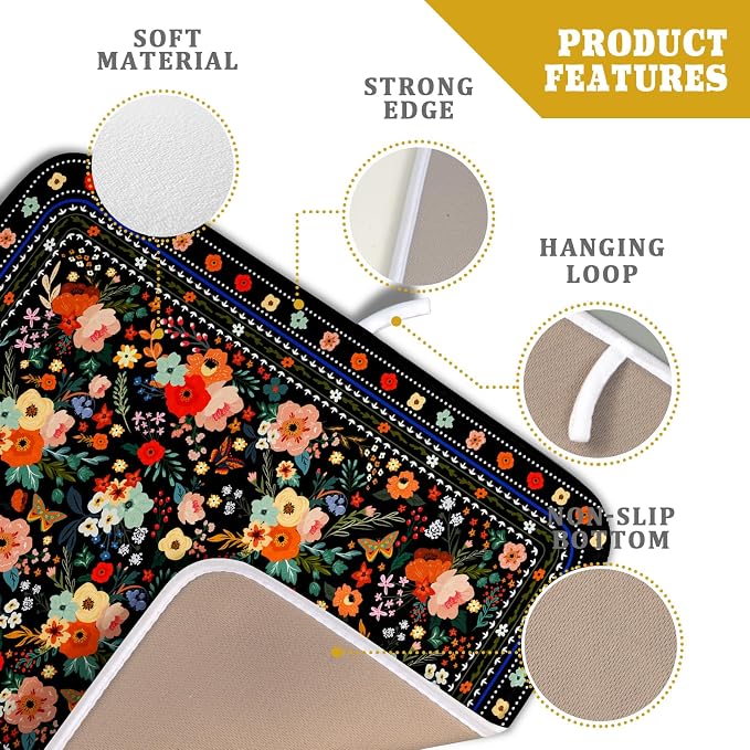 Black Flowers Dish Drying Pad Boho Floral Washable Microfiber Kitchen Mat - Image 4