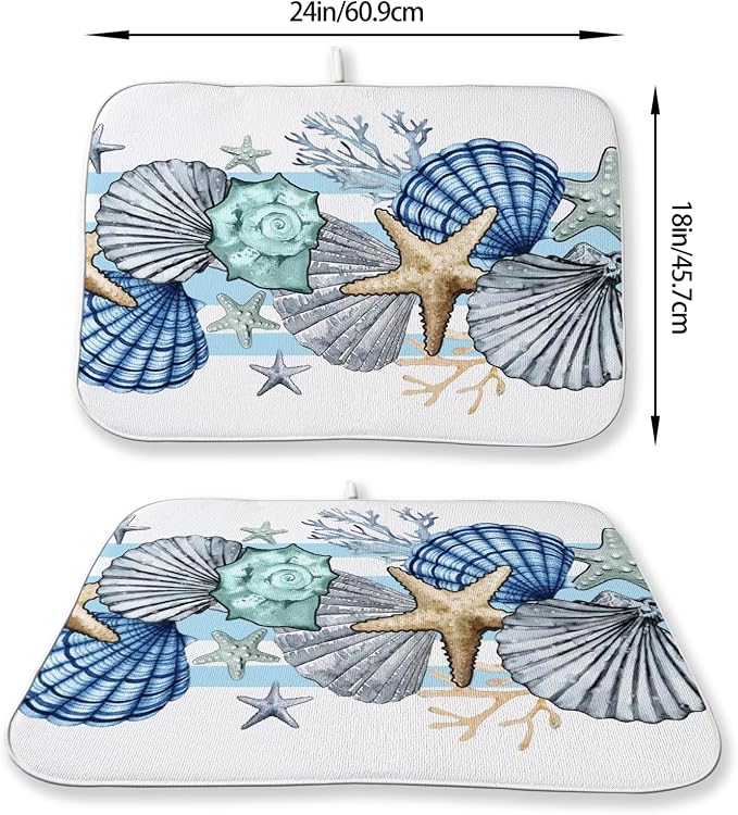 Nautical Coastal Starfish Dish Drying Mat 18x24 Inch Blue Beach Coral Shell - Image 3