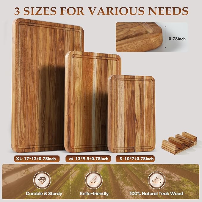 3 Pack Teak Cutting Board Set for Kitchen Wood Charcuterie Board - Image 2