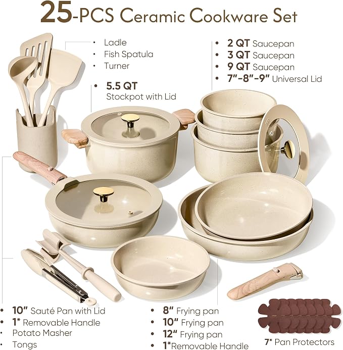 CAROTE 25PCS Ceramic Cookware Set, Pots and Pans set Non Stick, RV Kitchen - Image 2