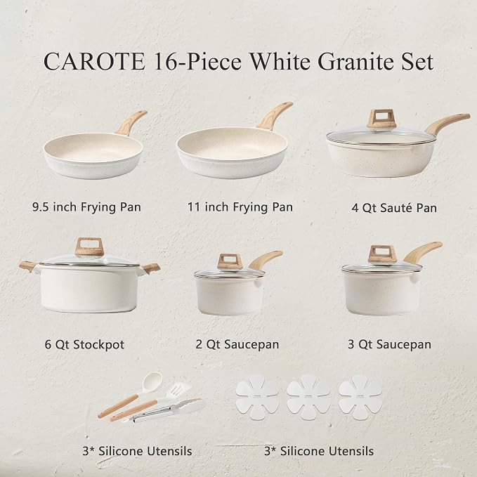 CAROTE 16 Piece Pots and Pans Set Nonstick, Non Stick Cooking Set w/Frying Pans - Image 2