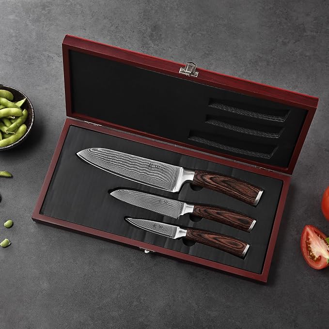 Wakoli EDIB 3-Piece Damascus Kitchen Knife Set in Wooden Gift Box, Razor Sharp - Image 5