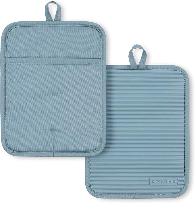 KitchenAid Ribbed Soft Silicone Pot Holder 2-Pack Set, Fog Blue by KitchenAid