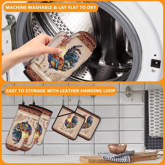 Rooster Oven Mitts and Pot Holders Sets 4Pcs, Extra Long Oven Gloves Potholder - Image 5