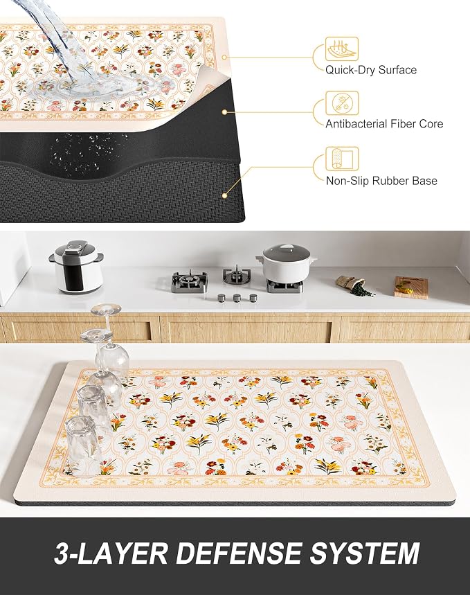 Rnivvi Dish Drying Mat for Kitchen Counter, 12 x 19" Cute Flower Theme Super - Image 4