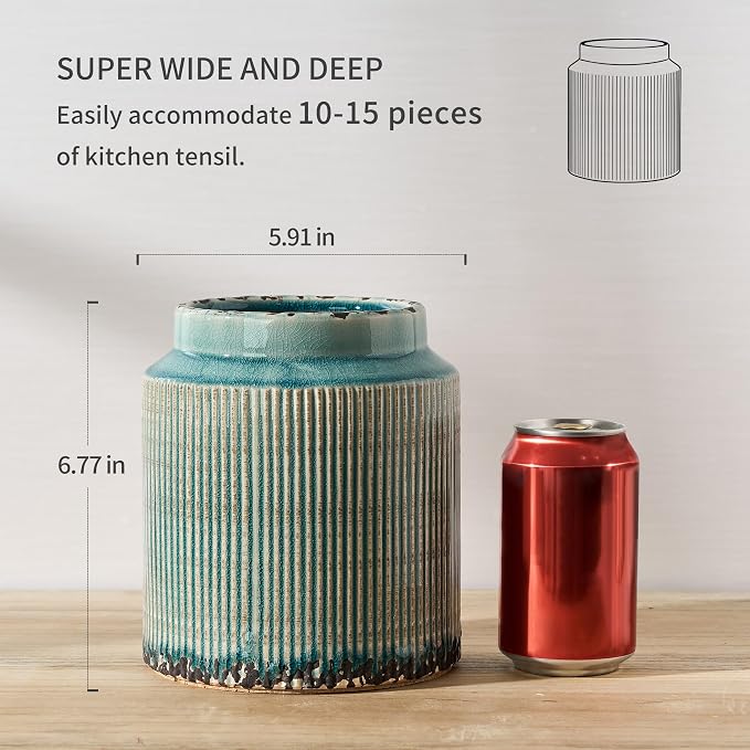 JIEMEI HOME Kitchen Utensil Holder, 6.77" Ceramic Farmhouse Stable Utensil Crock - Image 2