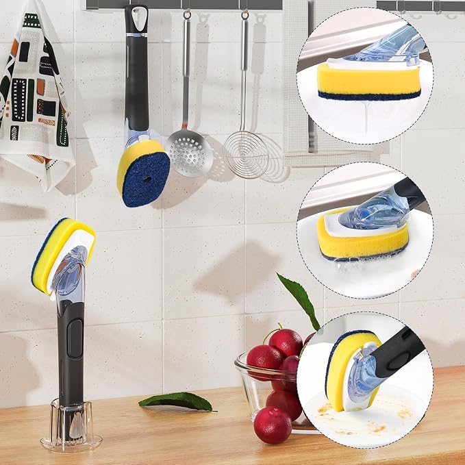Dish Brush with Soap Dispenser Storage Set with 2 PCS Sponge Refills & Holder - Image 7