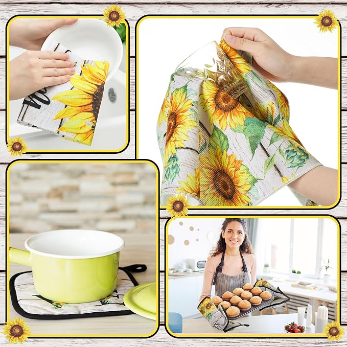 Fourluoo 10 Pcs Farmhouse Sunflower Kitchen Decor Set Sunflower Kitchen Towels - Image 6