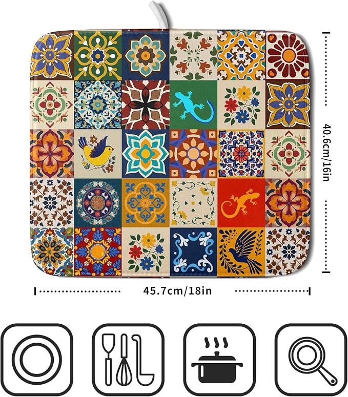 Giwawa Mexican Tile Dish Drying Mat 16"x18" Talavera Boho Floral Print Dish - Image 2