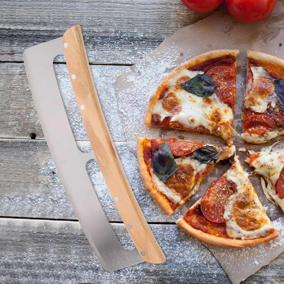 Pizza Rocker Cutter with Stainless Steel Semicircular Blade Wooden