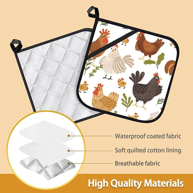 Cute Roosters Pot Holder Set of 2, Heat Resistant Potholders Oven Hot Pads - Image 3