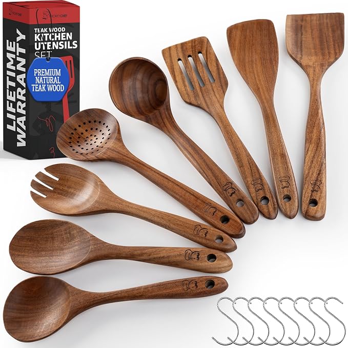 PriorityChef Wooden Spoons for Cooking, Premium 8pc Teak Wood Utensil Set by PriorityChef