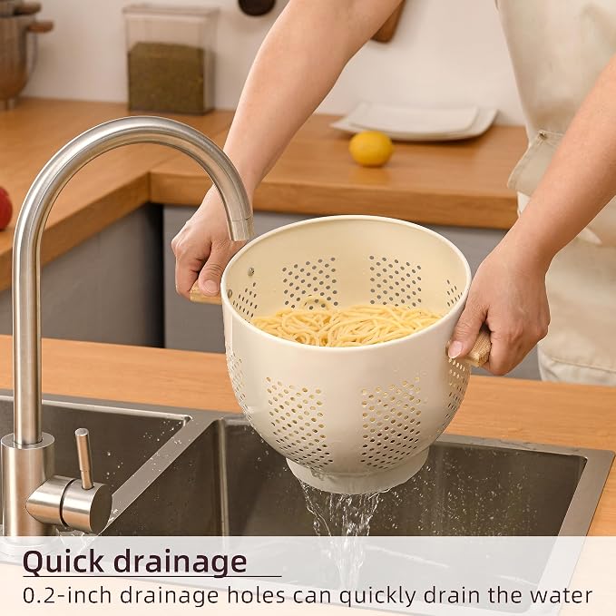Metal Colander with Wood Handle and Stable Base, 5.5 Quart Powder Coated Steel - Image 3