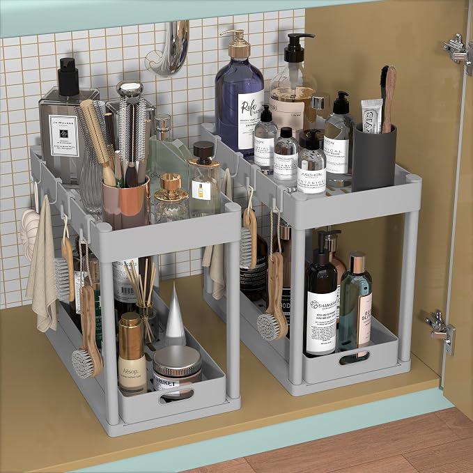 2PC Under Sink Organizer Rack 2 Tier Under Sliding Cabinet Basket Organizer - Image 5