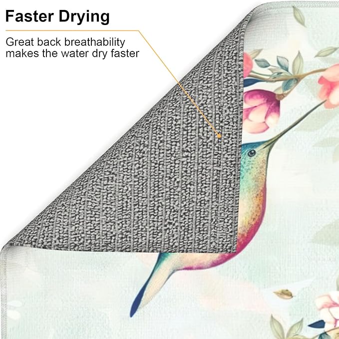 Hummingbird Flowers Dish Drying Mat 16x18 Inch, Microfiber Absorbent Fast Dry - Image 5