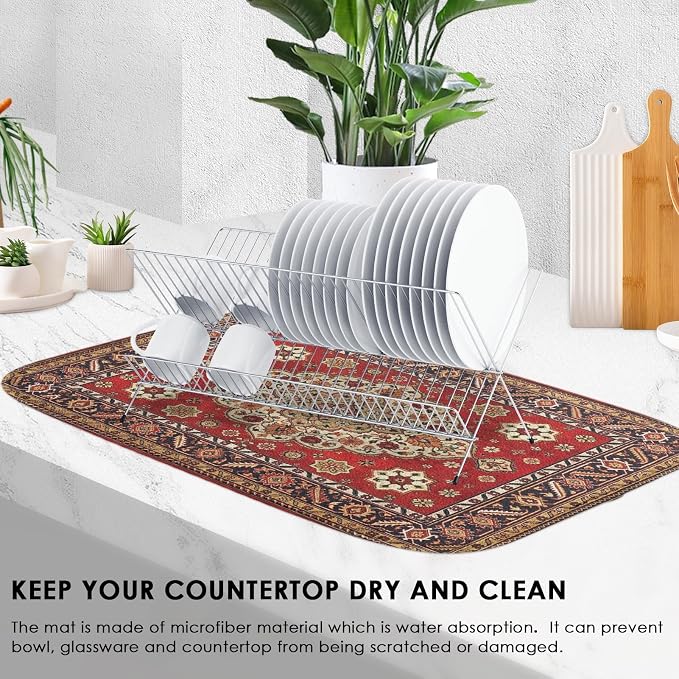 Sanwarm Absorbent Dish Drying Mat, Royal Red Moroccan Microfiber Pad - Image 4